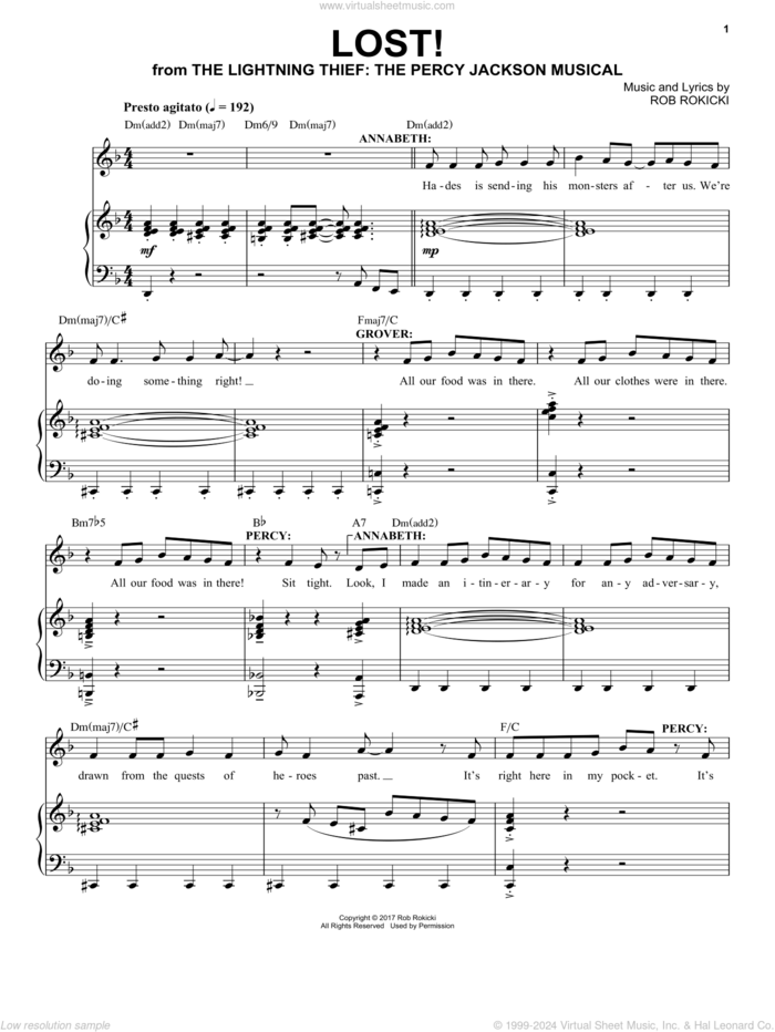 Lost! (from The Lightning Thief: The Percy Jackson Musical) sheet music for voice and piano by Rob Rokicki, intermediate skill level