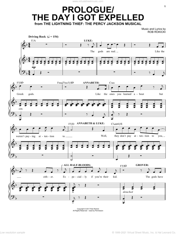 Prologue/The Day I Got Expelled (from The Lightning Thief: The Percy Jackson Musical) sheet music for voice and piano by Rob Rokicki, intermediate skill level