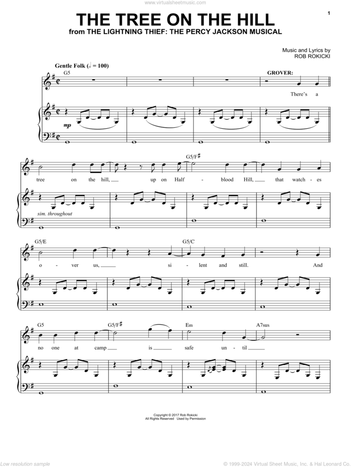 The Tree On The Hill (from The Lightning Thief: The Percy Jackson Musical) sheet music for voice and piano by Rob Rokicki, intermediate skill level