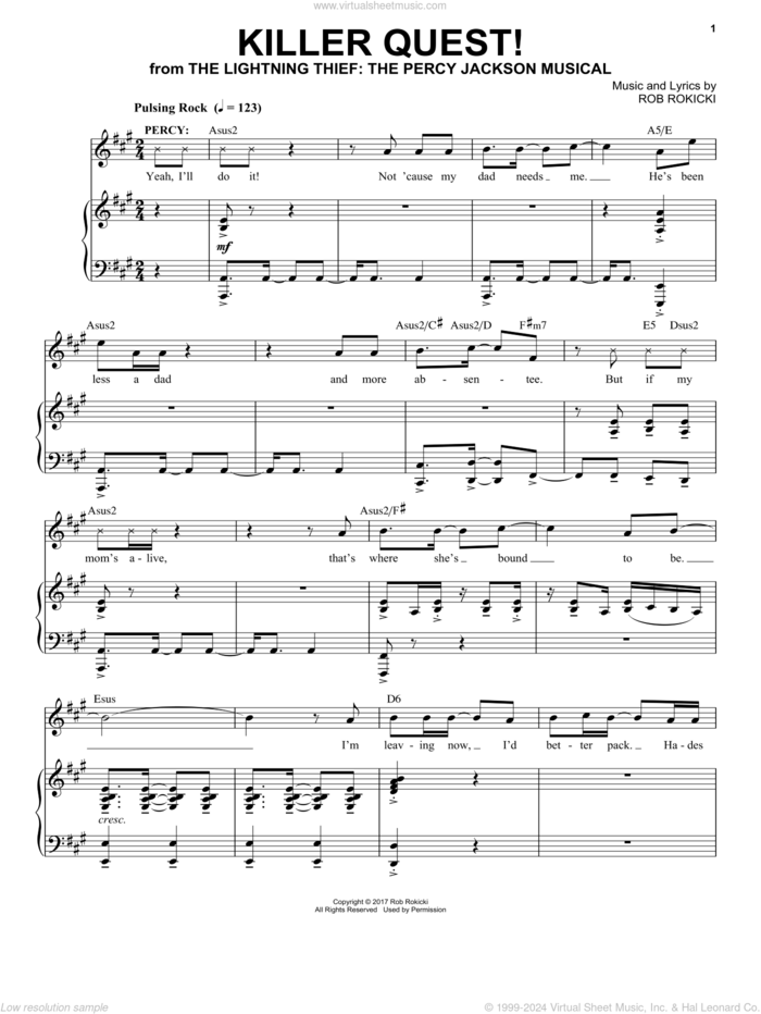 Killer Quest! (from The Lightning Thief: The Percy Jackson Musical) sheet music for voice and piano by Rob Rokicki, intermediate skill level