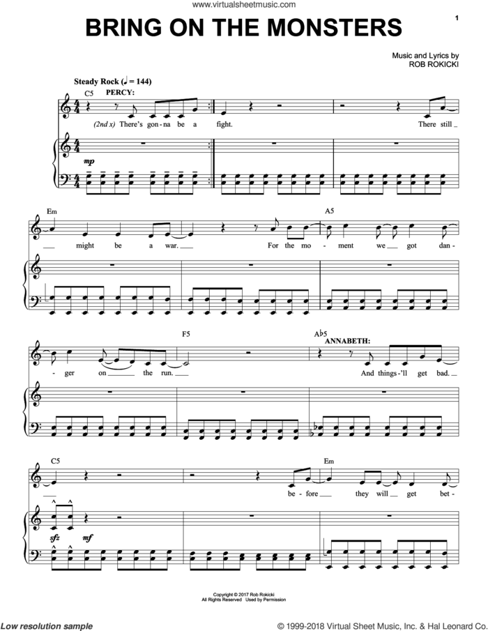 Bring On The Monsters (from The Lightning Thief: The Percy Jackson Musical) sheet music for voice and piano by Rob Rokicki, intermediate skill level