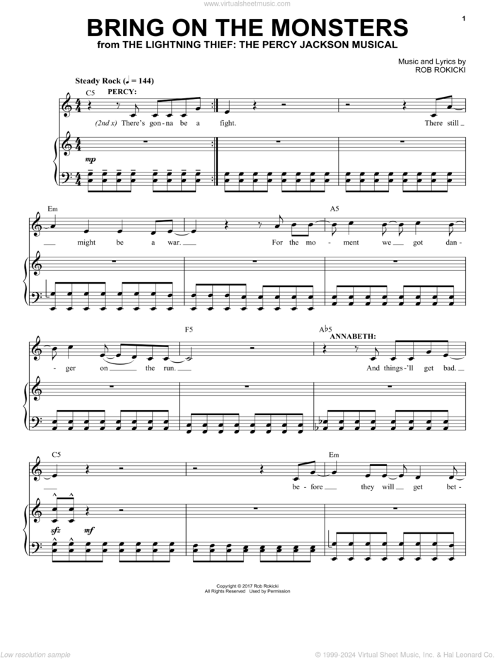 Bring On The Monsters (from The Lightning Thief: The Percy Jackson Musical) sheet music for voice and piano by Rob Rokicki, intermediate skill level