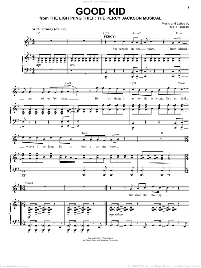 Good Kid (from The Lightning Thief: The Percy Jackson Musical) sheet music for voice and piano by Rob Rokicki, intermediate skill level