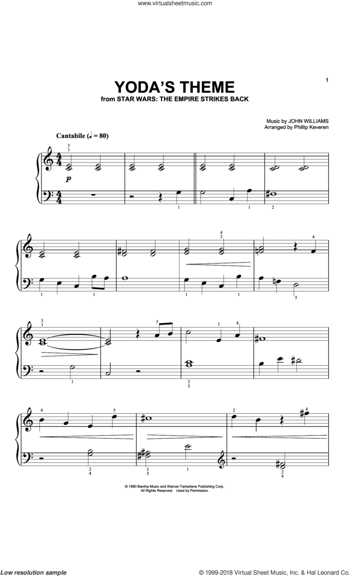 Yoda's Theme (from Star Wars: The Empire Strikes Back) (arr. Phillip Keveren) sheet music for piano solo (big note book) by John Williams and Phillip Keveren, easy piano (big note book)