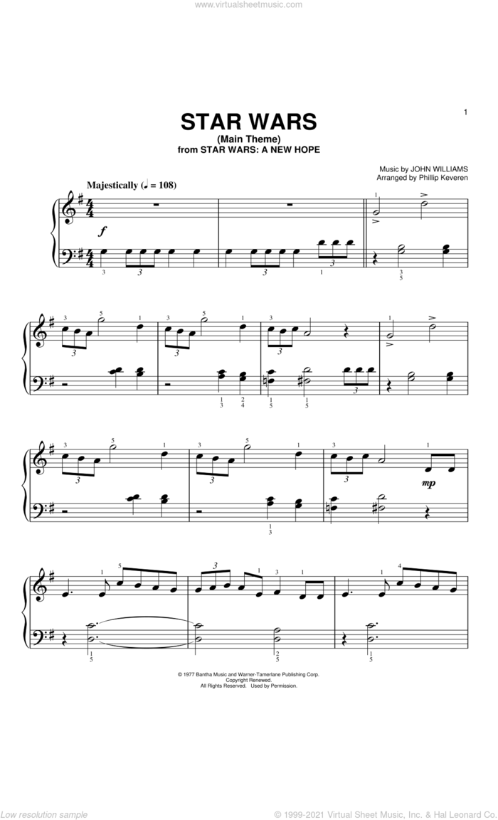 Star Wars Main Theme (arr. Phillip Keveren) sheet music for piano solo (big note book) by John Williams and Phillip Keveren, easy piano (big note book)