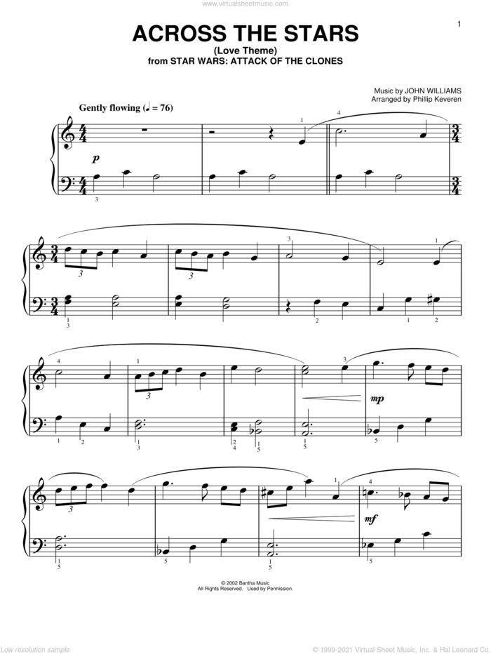 Across The Stars (from Star Wars: Attack of the Clones) (arr. Phillip Keveren) sheet music for piano solo (big note book) by John Williams and Phillip Keveren, easy piano (big note book)
