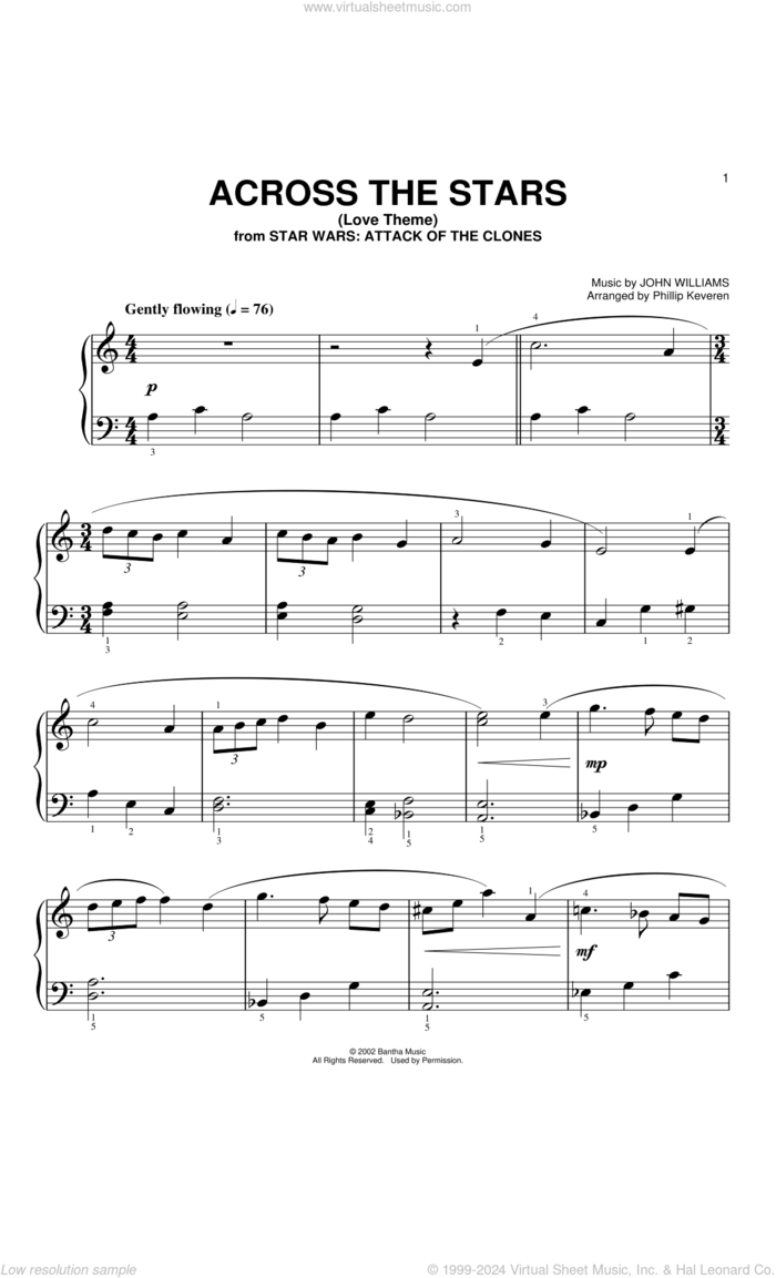 Across The Stars (from Star Wars: Attack of the Clones) (arr. Phillip Keveren) sheet music for piano solo (big note book) by John Williams and Phillip Keveren, easy piano (big note book)