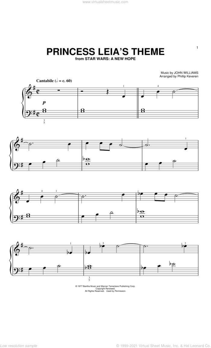 Princess Leia's Theme (arr. Phillip Keveren) sheet music for piano solo (big note book) by John Williams and Phillip Keveren, easy piano (big note book)