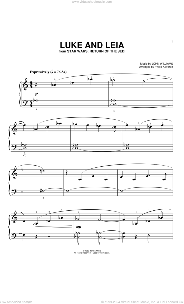 Luke And Leia (from Star Wars: Return of the Jedi) (arr. Phillip Keveren) sheet music for piano solo (big note book) by John Williams and Phillip Keveren, easy piano (big note book)