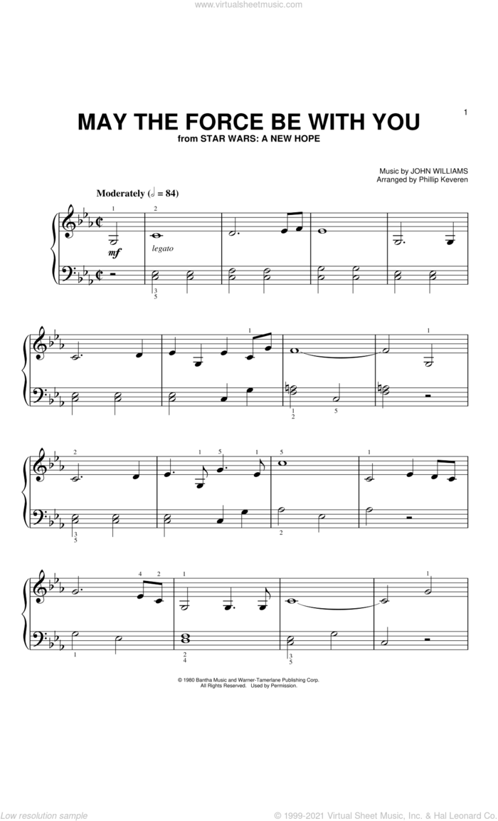 May The Force Be With You (from Star Wars: A New Hope) (arr. Phillip Keveren) sheet music for piano solo (big note book) by John Williams and Phillip Keveren, easy piano (big note book)