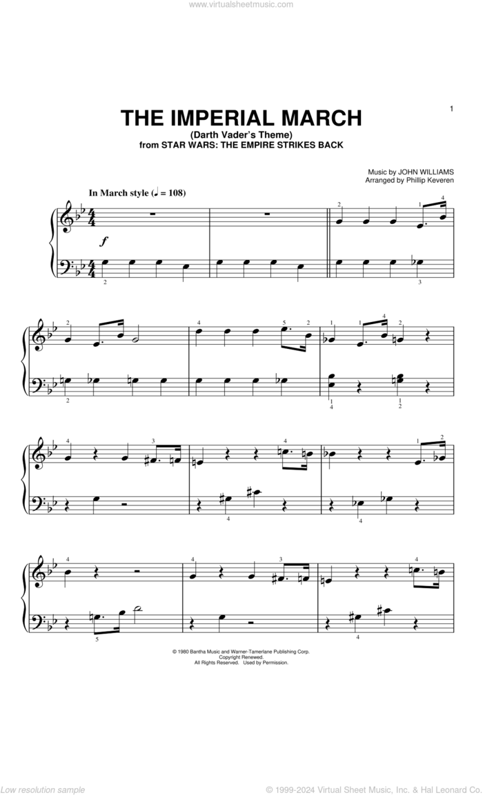 The Imperial March  (arr. Phillip Keveren) sheet music for piano solo (big note book) by John Williams and Phillip Keveren, easy piano (big note book)