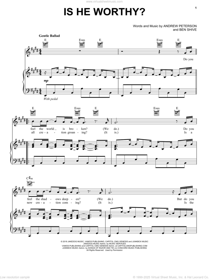 Is He Worthy? sheet music for voice, piano or guitar by Chris Tomlin, Andrew Peterson and Ben Shive, intermediate skill level