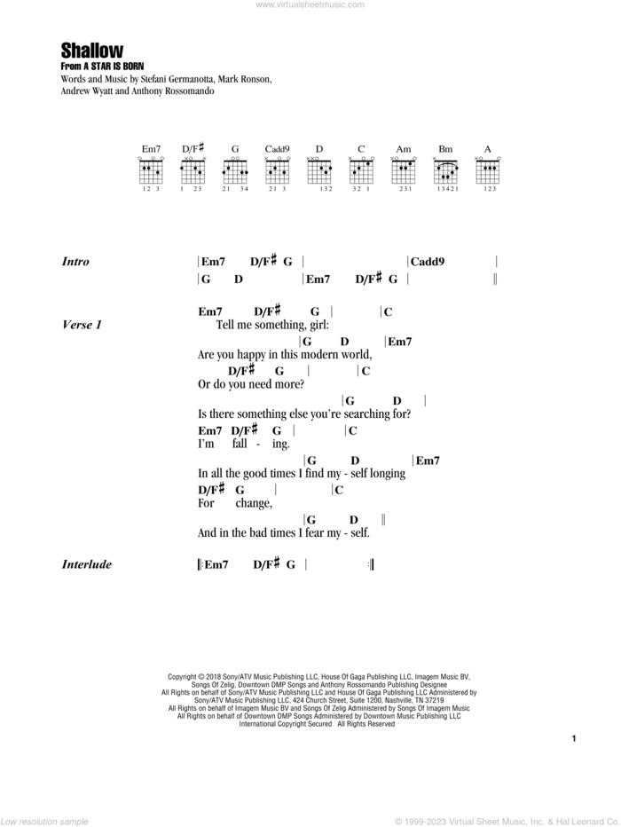 Shallow (from A Star Is Born) sheet music for guitar (chords) by Lady Gaga & Bradley Cooper, Bradley Cooper, Andrew Wyatt, Anthony Rossomando, Lady Gaga and Mark Ronson, intermediate skill level