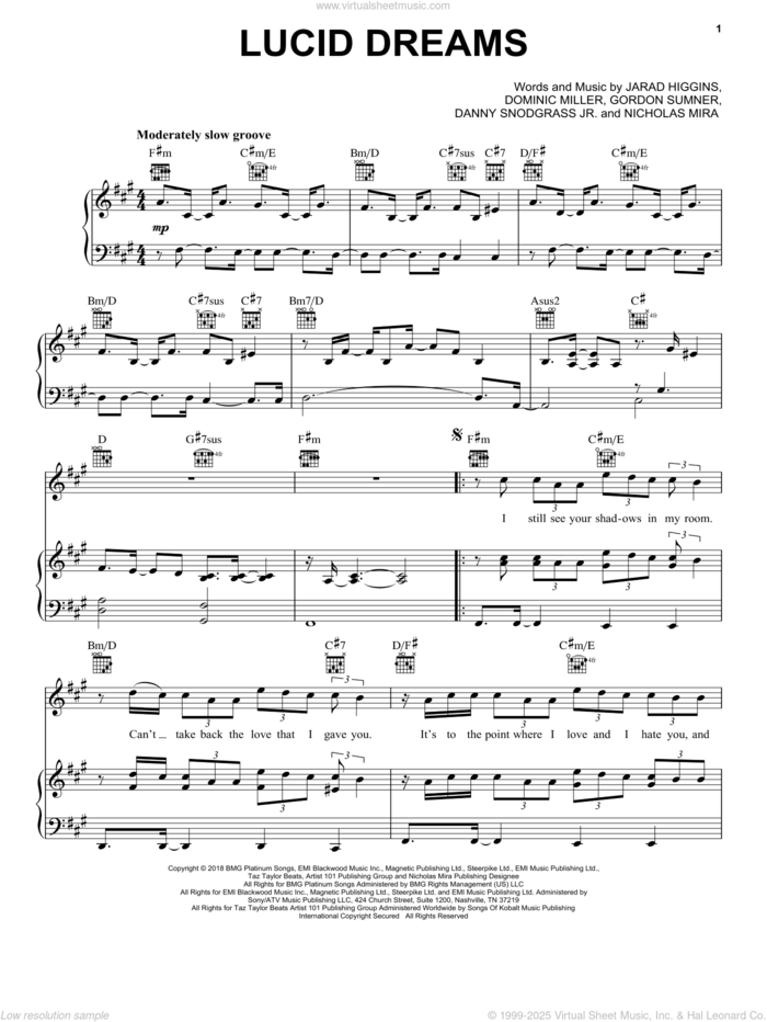 Lucid Dreams sheet music for voice, piano or guitar by Juice Wrld, Danny Snodgrass Jr., Dominic Miller, Gordon Sumner, Jarad Higgins and Nicholas Mira, intermediate skill level