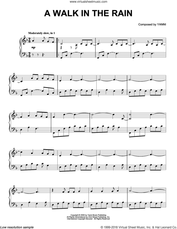 A Walk In The Rain sheet music for piano solo by Yanni, intermediate skill level