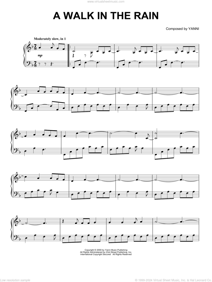 A Walk In The Rain sheet music for piano solo by Yanni, intermediate skill level