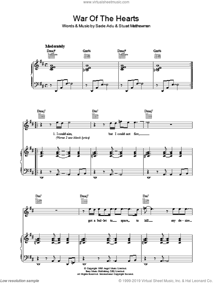 War Of The Hearts sheet music for voice, piano or guitar by Sade, Helen Adu and Stuart Matthewman, intermediate skill level