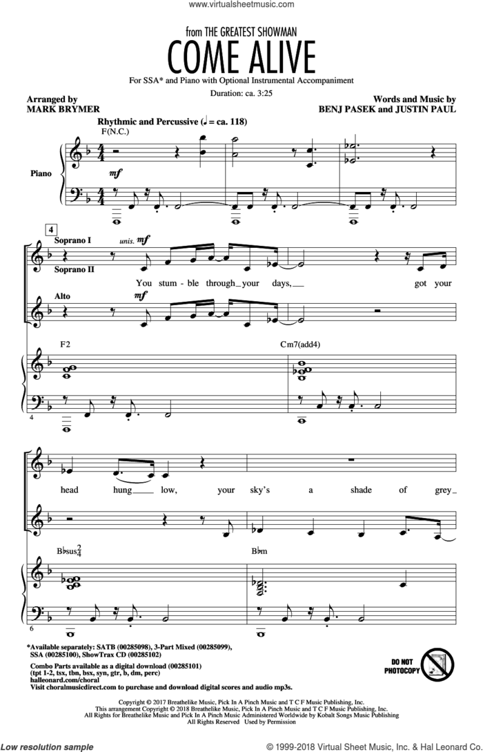 Come Alive (from The Greatest Showman) (arr. Mark Brymer) sheet music for choir (SSA: soprano, alto) by Pasek & Paul, Mark Brymer, Benj Pasek and Justin Paul, intermediate skill level