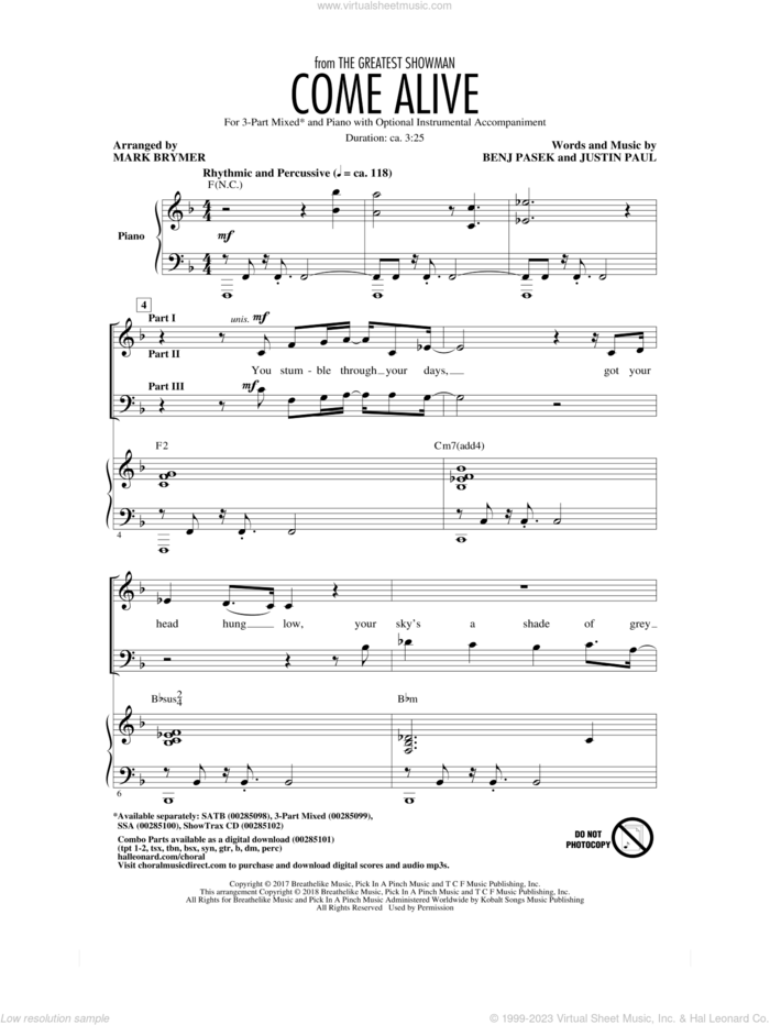 Come Alive (from The Greatest Showman) (arr. Mark Brymer) sheet music for choir (3-Part Mixed) by Pasek & Paul, Mark Brymer, Benj Pasek and Justin Paul, intermediate skill level