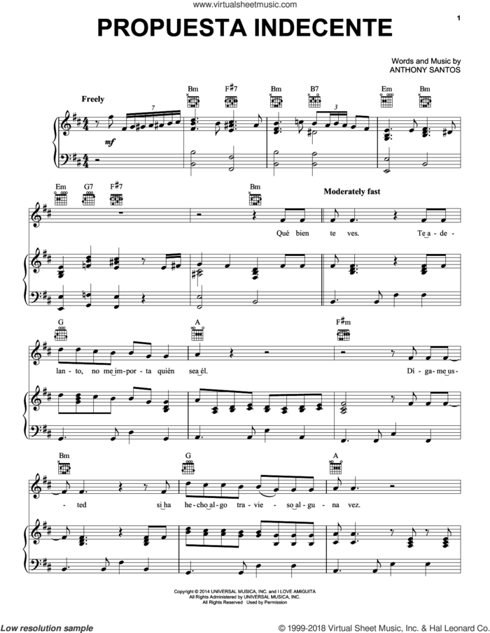 Propuesta Indecente sheet music for voice, piano or guitar by Romeo Santos and Anthony Santos, intermediate skill level