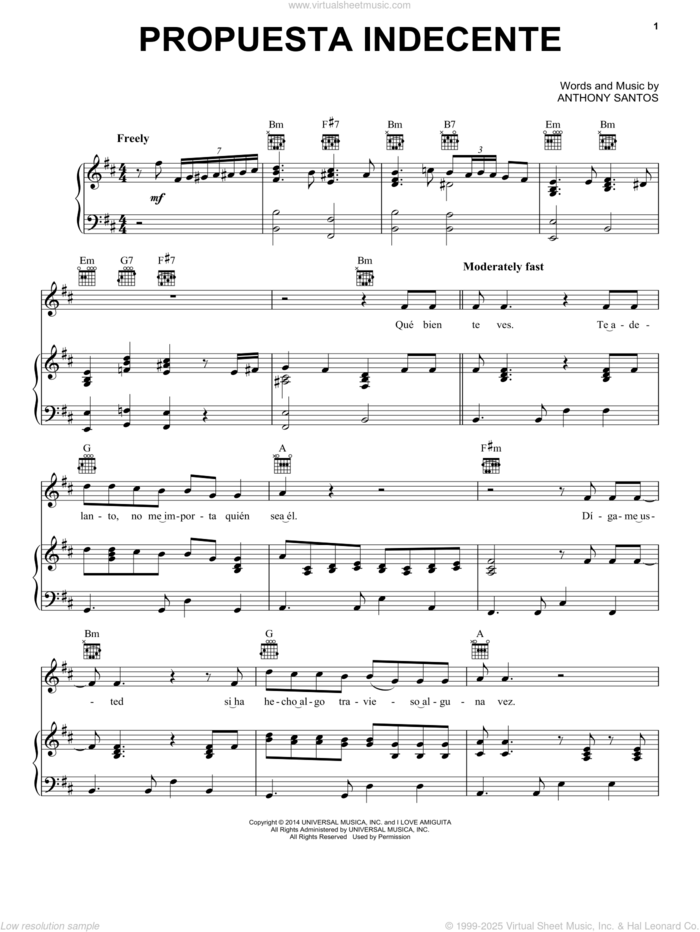 Propuesta Indecente sheet music for voice, piano or guitar by Romeo Santos and Anthony Santos, intermediate skill level