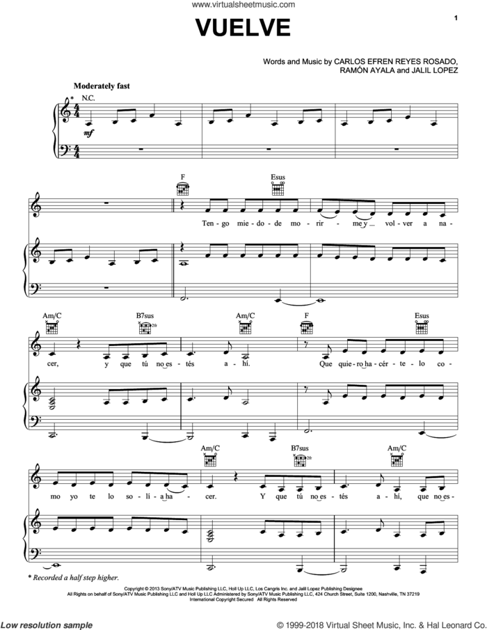 Vuelve (Feat. Bad Bunny) sheet music for voice, piano or guitar by Daddy Yankee, Carlos Efren Reyes Rosado, Jalil Lopez and Ramon Ayala, intermediate skill level
