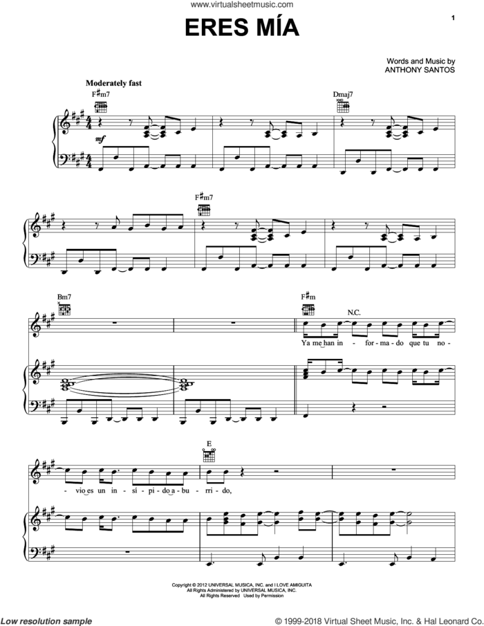 Eres Mia sheet music for voice, piano or guitar by Romeo Santos and Anthony Santos, intermediate skill level