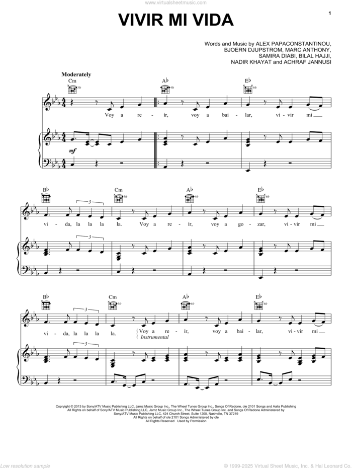 Vivir Mi Vida sheet music for voice, piano or guitar by Marc Anthony, Achraf Jannusi, Alex Papaconstantinou, Bilal Hajji, Bjoern Djupstrom and Samira Diabi, intermediate skill level