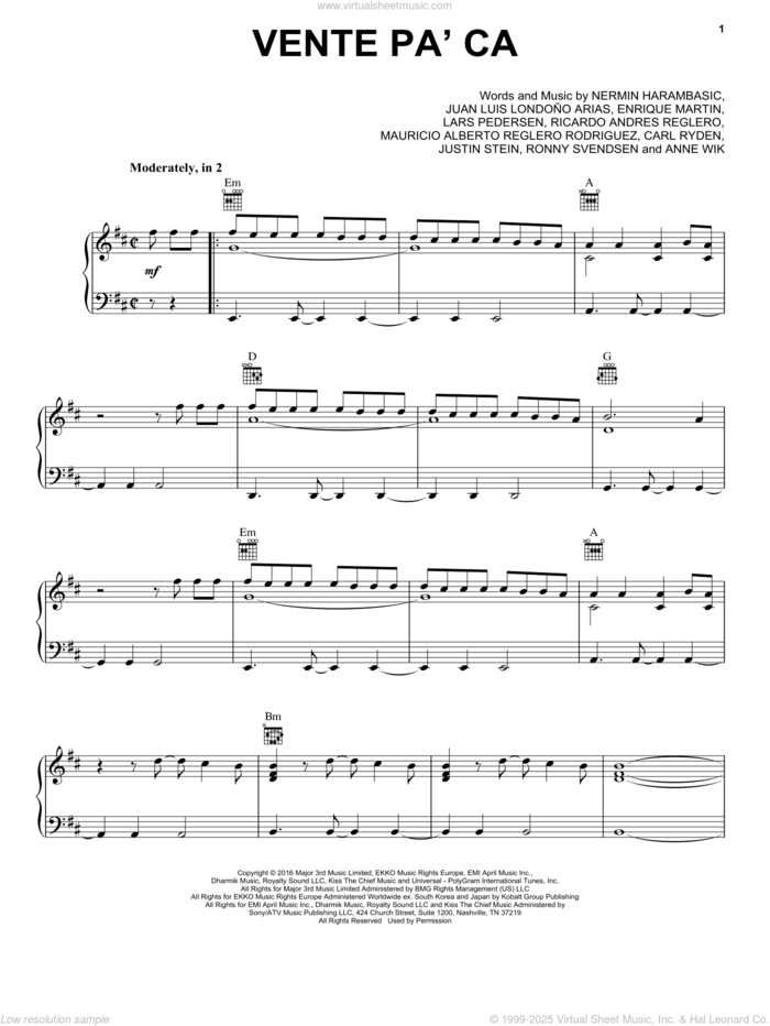 Vente Pa' Ca (Feat. Maluma) sheet music for voice, piano or guitar by Ricky Martin, Anne Wik, Carl Ryden, Enrique Martin, Juan Luis Londono Arias, Justin Stein, Lars Pedersen, Mauricio Reglero Rodriguez, Nermin Harambasic, Ricardo Andres Reglero and Ronny Svendsen, intermediate skill level