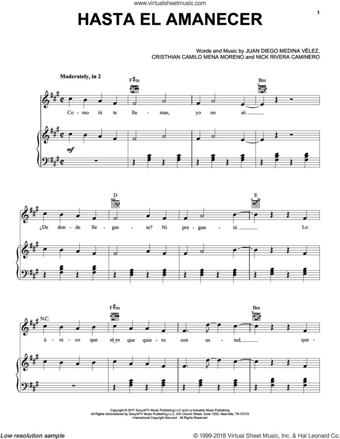 Hasta El Amanecer sheet music for voice, piano or guitar by Nicky Jam, Cristhian Camilo Mena Moreno, Juan Diego Medina Velez and Nick Rivera Caminero, intermediate skill level
