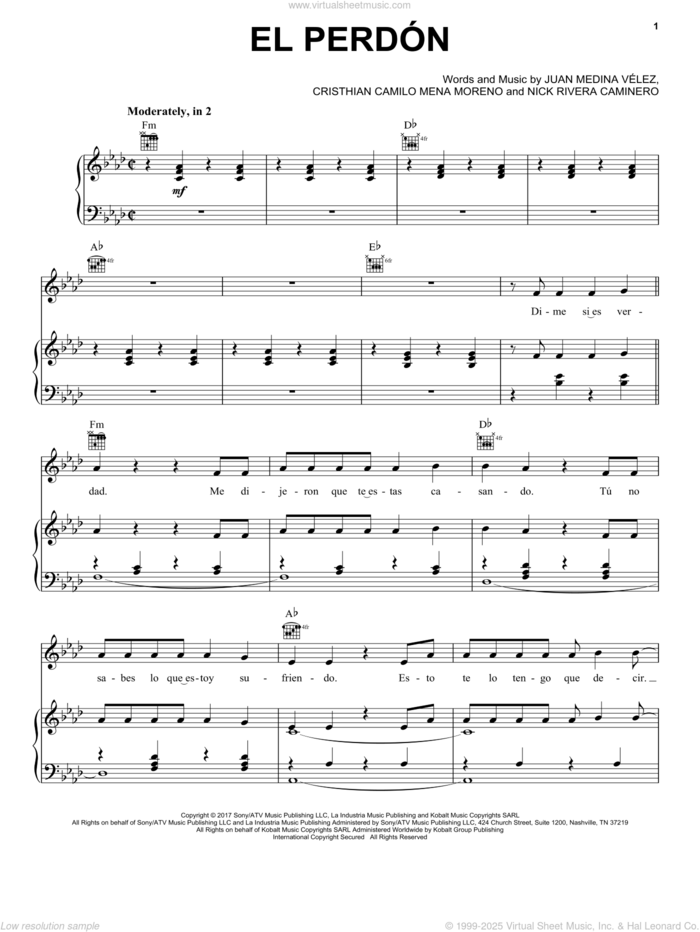 El Perdon (Feat. Inrique Ignlesias) sheet music for voice, piano or guitar by Nicky Jam, Cristhian Camilo Mena Moreno, Juan Medina Velez and Nick Rivera Caminero, intermediate skill level