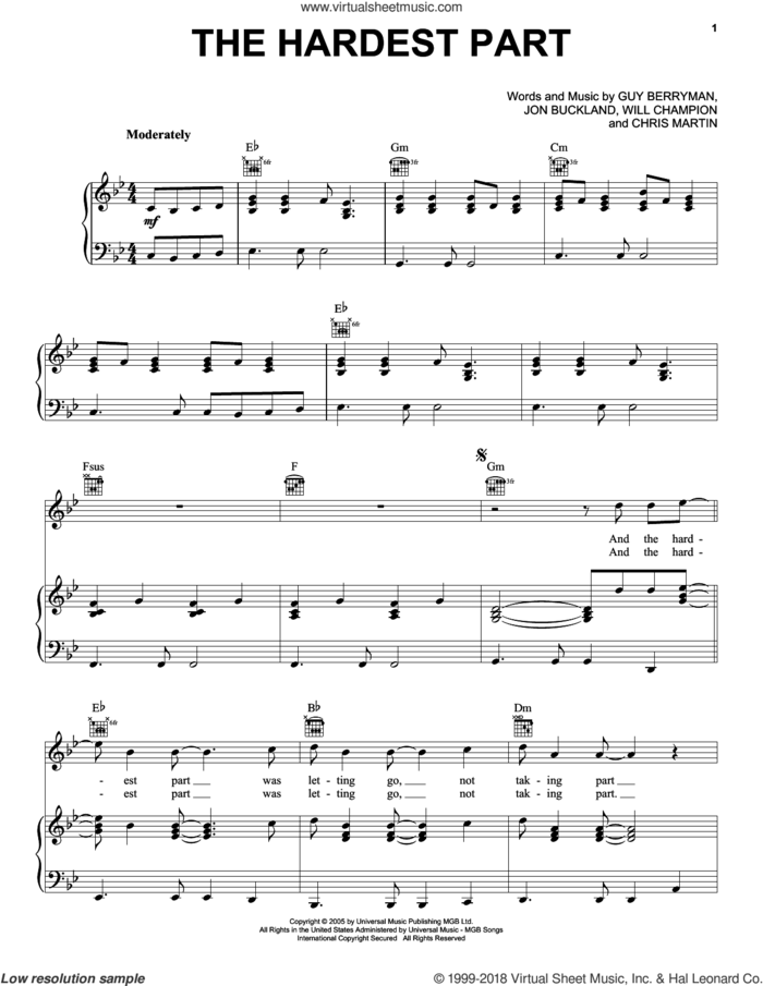 The Hardest Part sheet music for voice, piano or guitar by Guy Berryman, Coldplay, Chris Martin, Jon Buckland and Will Champion, intermediate skill level