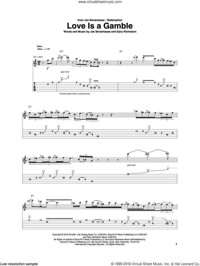 Love Is A Gamble sheet music for guitar (tablature) by Joe Bonamassa and Gary Nicholson, intermediate skill level