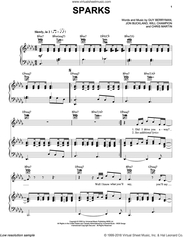 Sparks sheet music for voice, piano or guitar by Guy Berryman, Coldplay, Chris Martin, Jon Buckland and Will Champion, intermediate skill level