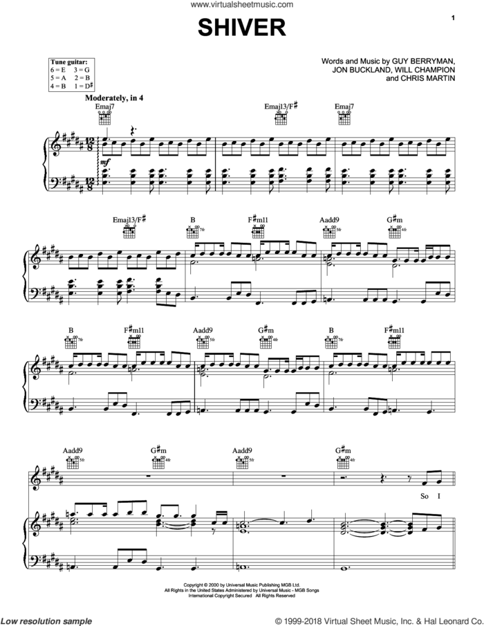 Shiver sheet music for voice, piano or guitar by Guy Berryman, Coldplay, Chris Martin, Jon Buckland and Will Champion, intermediate skill level