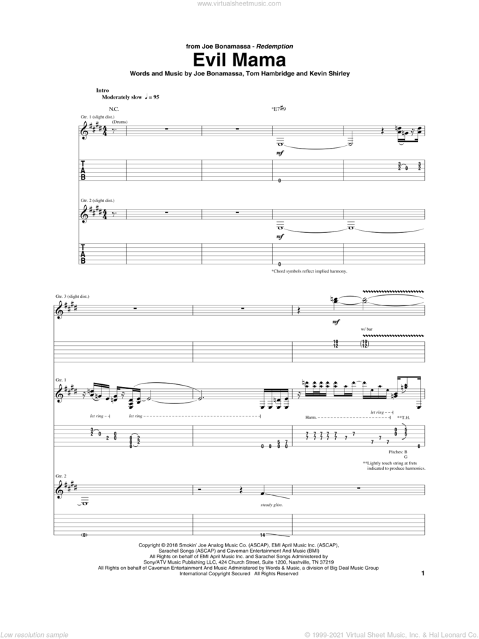 Evil Mama sheet music for guitar (tablature) by Joe Bonamassa, Kevin Shirley and Tom Hambridge, intermediate skill level