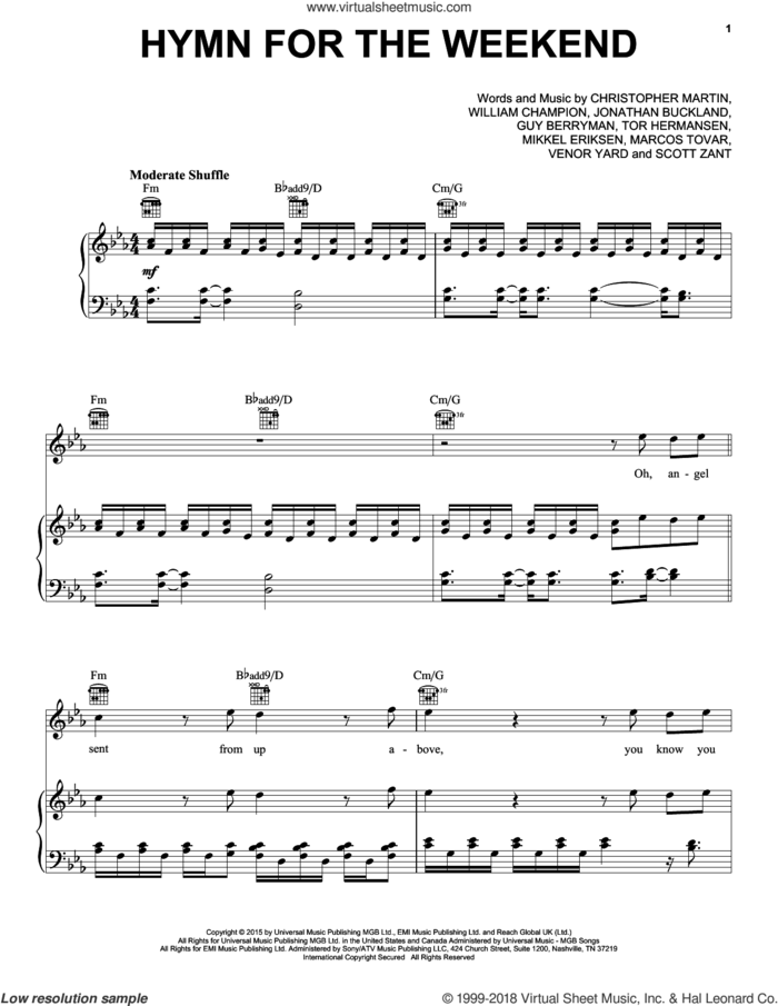 Hymn For The Weekend sheet music for voice, piano or guitar by Guy Berryman, Coldplay, Christopher Martin, Jonathan Buckland, Marcos Tovar, Mikkel Eriksen, Scott Zant, Tor Erik Hermansen, Venar Yard and William Champion, intermediate skill level
