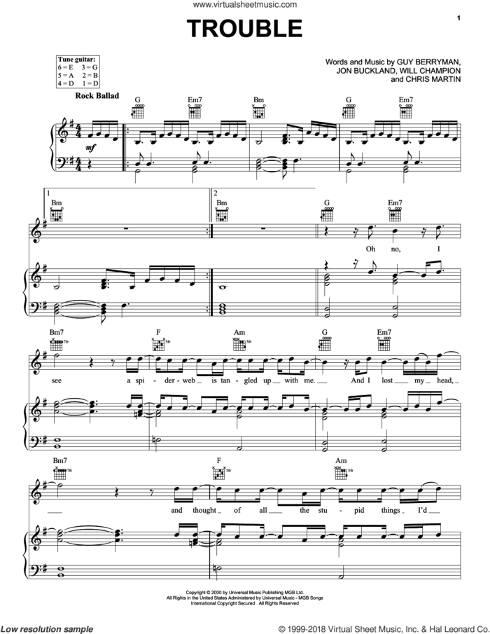Trouble sheet music for voice, piano or guitar by Guy Berryman, Coldplay, Chris Martin, Jon Buckland and Will Champion, intermediate skill level