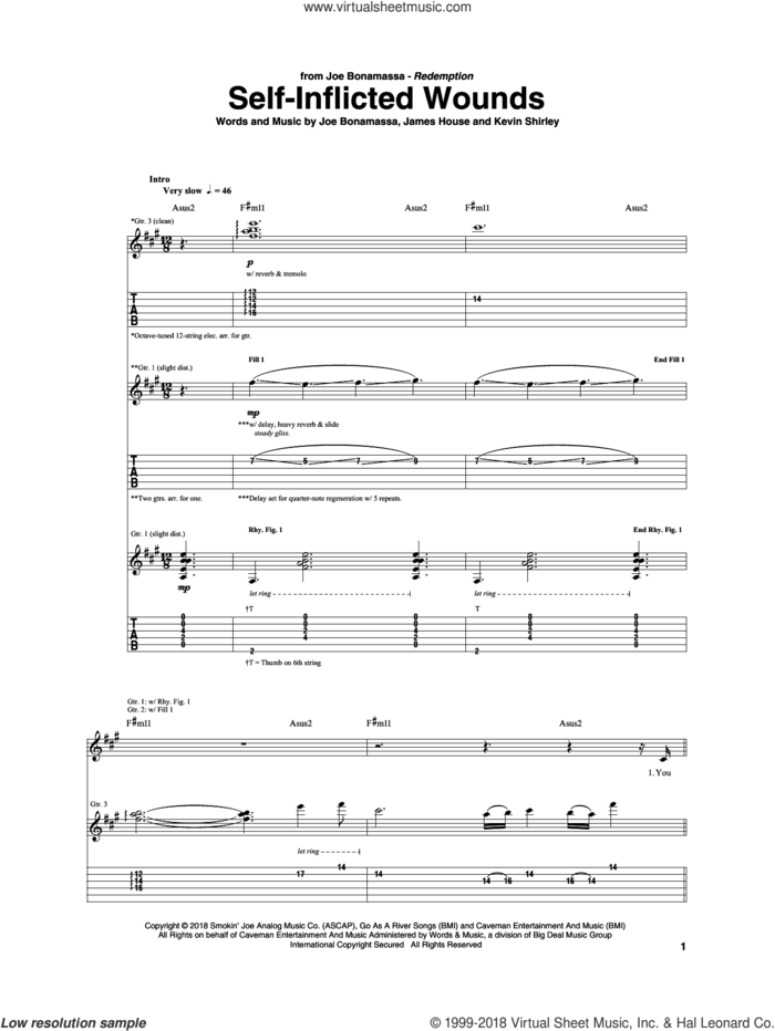 Self-Inflicted Wounds sheet music for guitar (tablature) by Joe Bonamassa, James House and Kevin Shirley, intermediate skill level