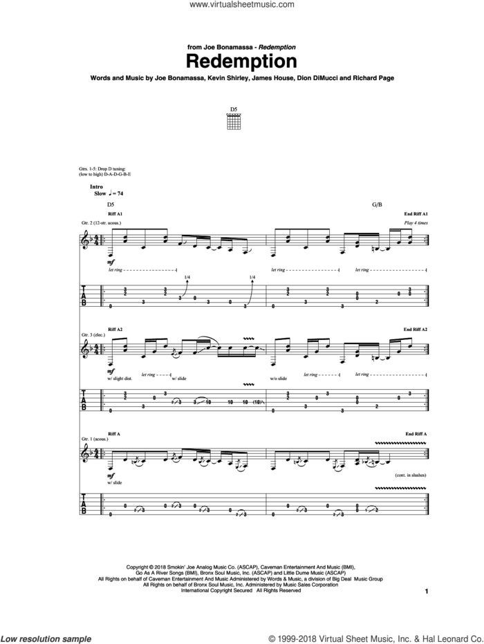 Redemption sheet music for guitar (tablature) by Joe Bonamassa, Dion DiMucci, James House, Kevin Shirley and Richard Page, intermediate skill level