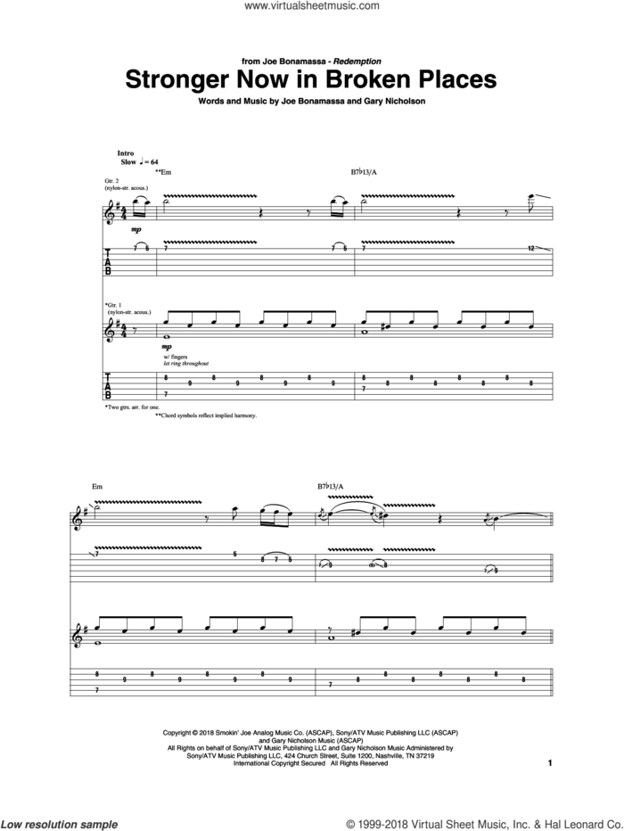 Stronger Now In Broken Places sheet music for guitar (tablature) by Joe Bonamassa and Gary Nicholson, intermediate skill level