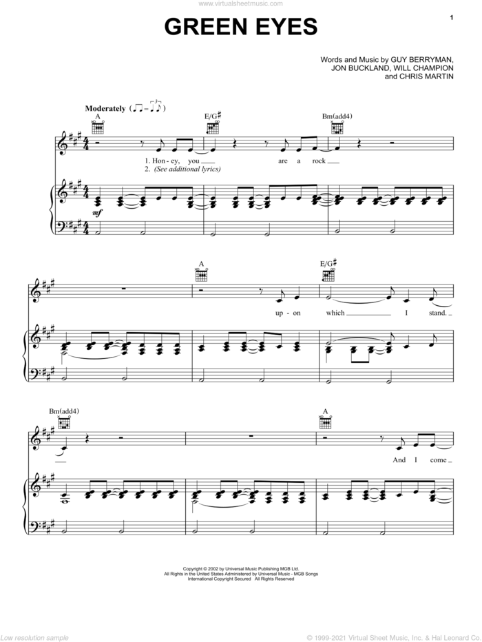 Green Eyes sheet music for voice, piano or guitar by Guy Berryman, Coldplay, Chris Martin, Jon Buckland and Will Champion, intermediate skill level
