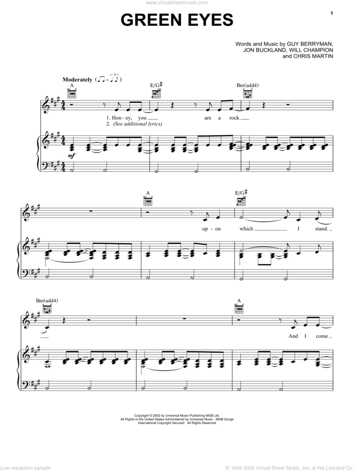 Green Eyes sheet music for voice, piano or guitar by Guy Berryman, Coldplay, Chris Martin, Jon Buckland and Will Champion, intermediate skill level