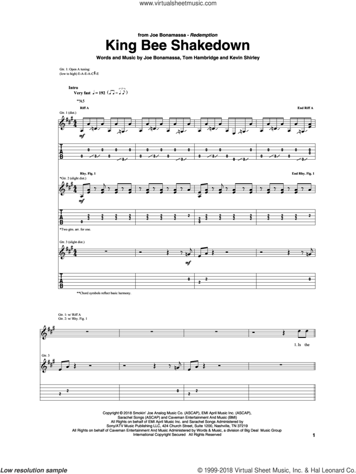 King Bee Shakedown sheet music for guitar (tablature) by Joe Bonamassa, Kevin Shirley and Tom Hambridge, intermediate skill level