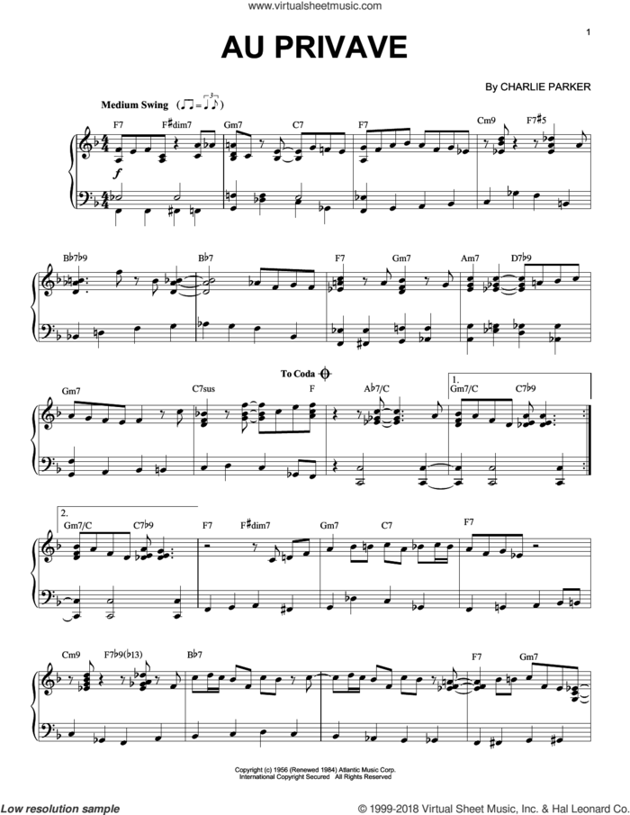 Au Privave sheet music for piano solo by Charlie Parker, intermediate skill level