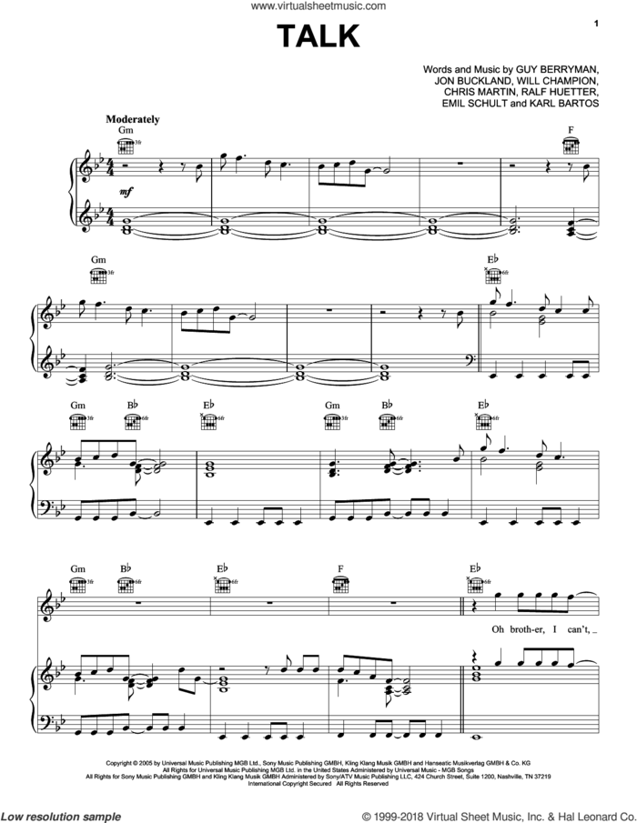 Talk sheet music for voice, piano or guitar by Guy Berryman, Coldplay, Chris Martin, Emil Schult, Jon Buckland, Karl Bartos, Ralf Huetter and Will Champion, intermediate skill level
