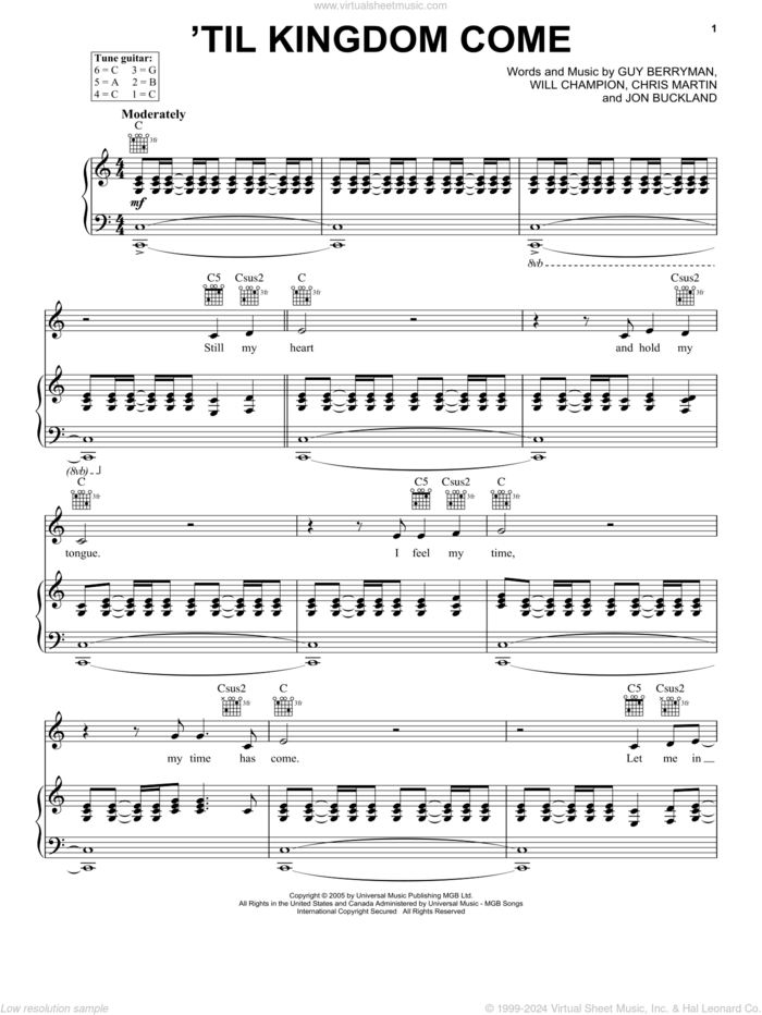 Til Kingdom Come sheet music for voice, piano or guitar by Guy Berryman, Coldplay, Chris Martin, Jon Buckland and Will Champion, intermediate skill level