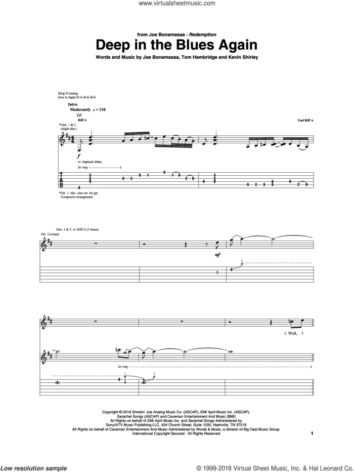 Deep In The Blues Again sheet music for guitar (tablature) by Joe Bonamassa, Kevin Shirley and Tom Hambridge, intermediate skill level