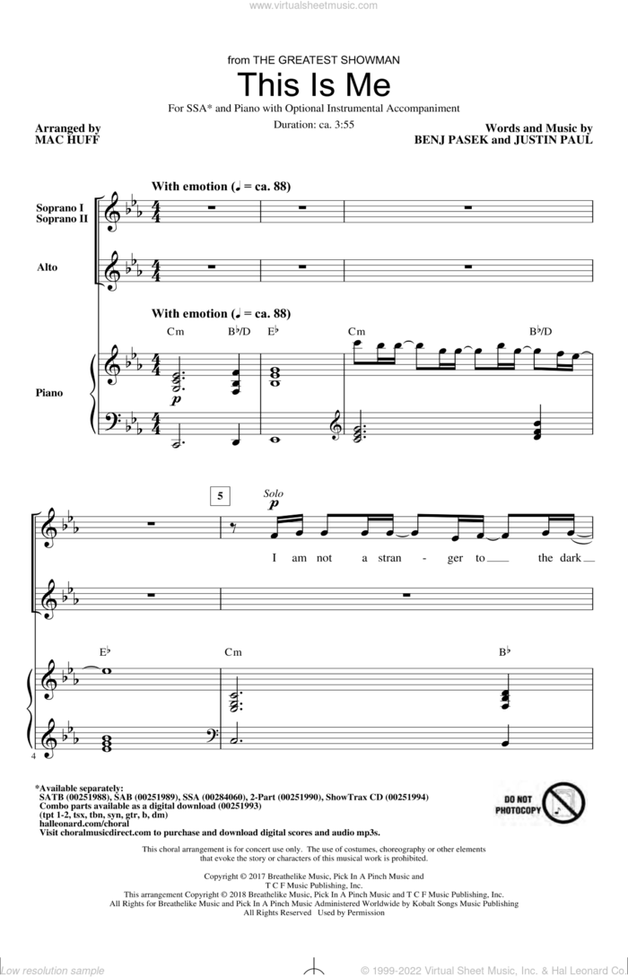 This Is Me (from The Greatest Showman) (arr. Mac Huff) sheet music for choir (SSA: soprano, alto) by Pasek & Paul, Mac Huff, Benj Pasek and Justin Paul, intermediate skill level