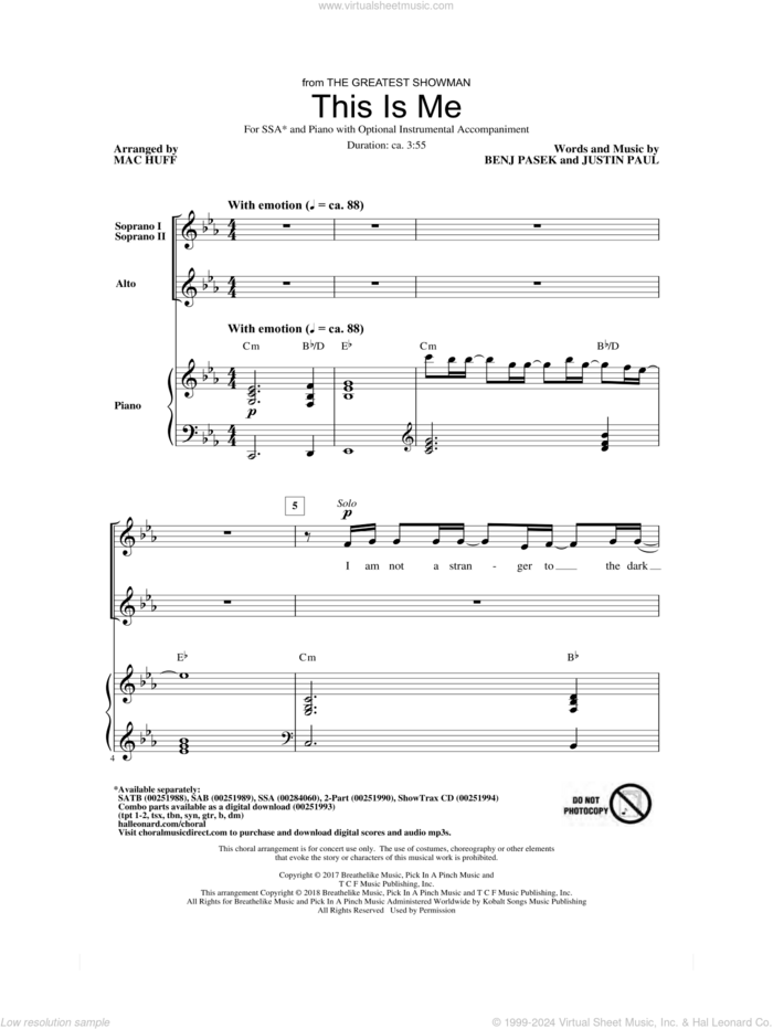 This Is Me (from The Greatest Showman) (arr. Mac Huff) sheet music for choir (SSA: soprano, alto) by Pasek & Paul, Mac Huff, Benj Pasek and Justin Paul, intermediate skill level